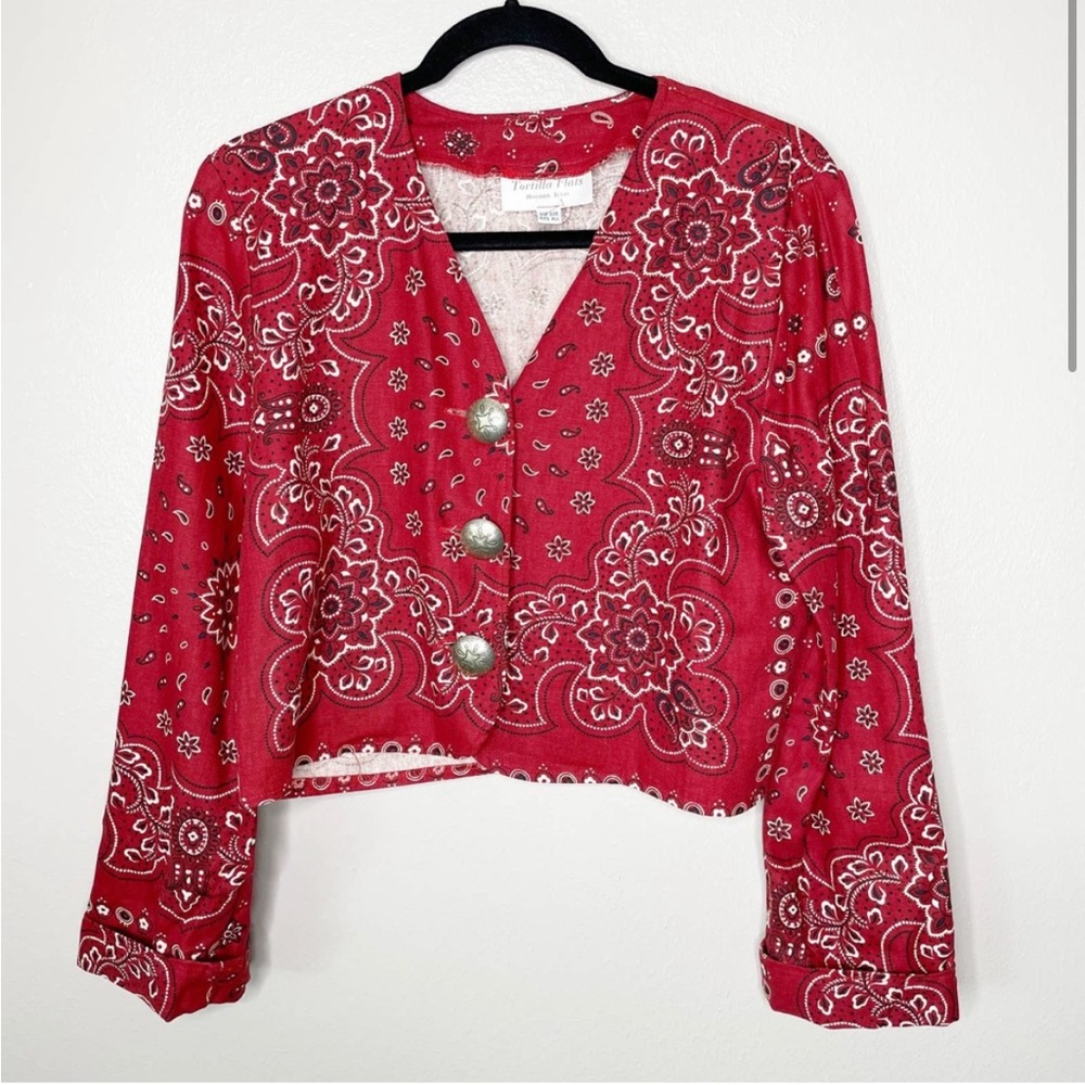 Vintage Tortilla Flats Crop Jacket Red Bandana Print 3 Southwest Metal Buttons